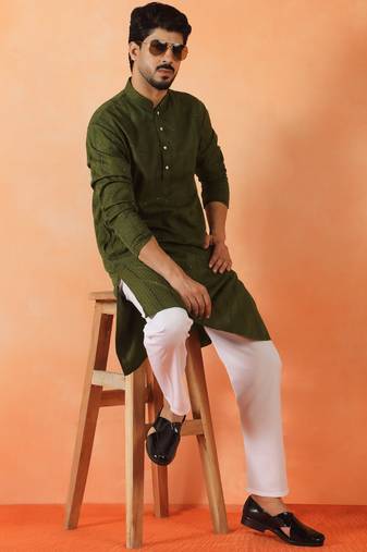 Cotton silk sequenced thread work olive green festive kurta with pyjamas