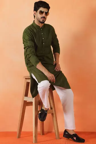 Cotton silk sequenced thread work olive green festive kurta with pyjamas