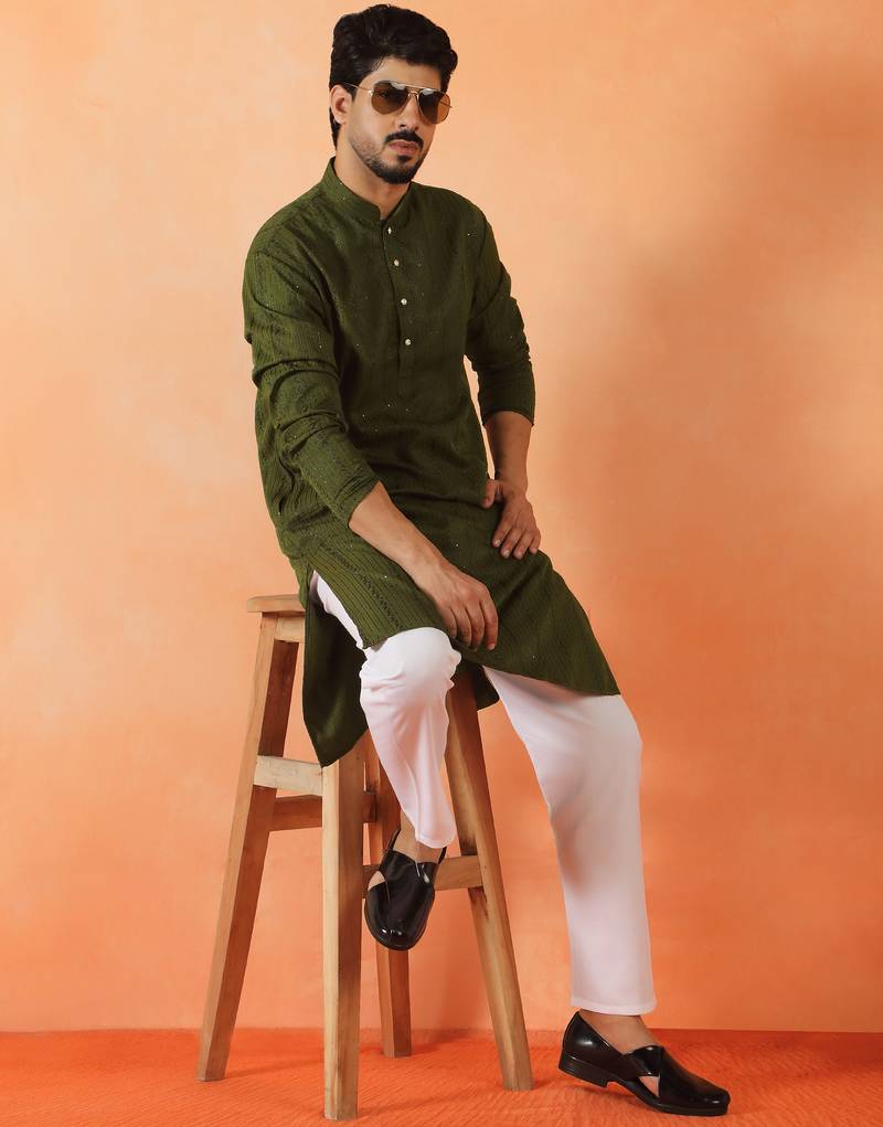 Cotton silk sequenced thread work olive green festive kurta with pyjamas