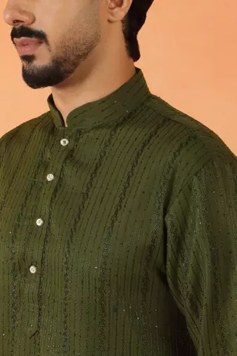 Cotton silk sequenced thread work olive green festive kurta with pyjamas
