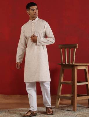 Khadi cotton solid knee length peach kurta and pyjama 1