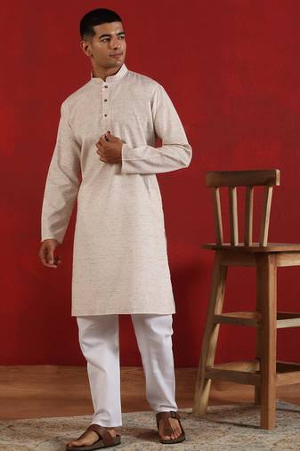 Khadi cotton solid knee length peach kurta and pyjama