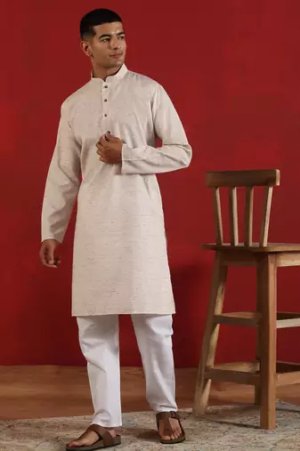 Khadi cotton solid knee length peach kurta and pyjama