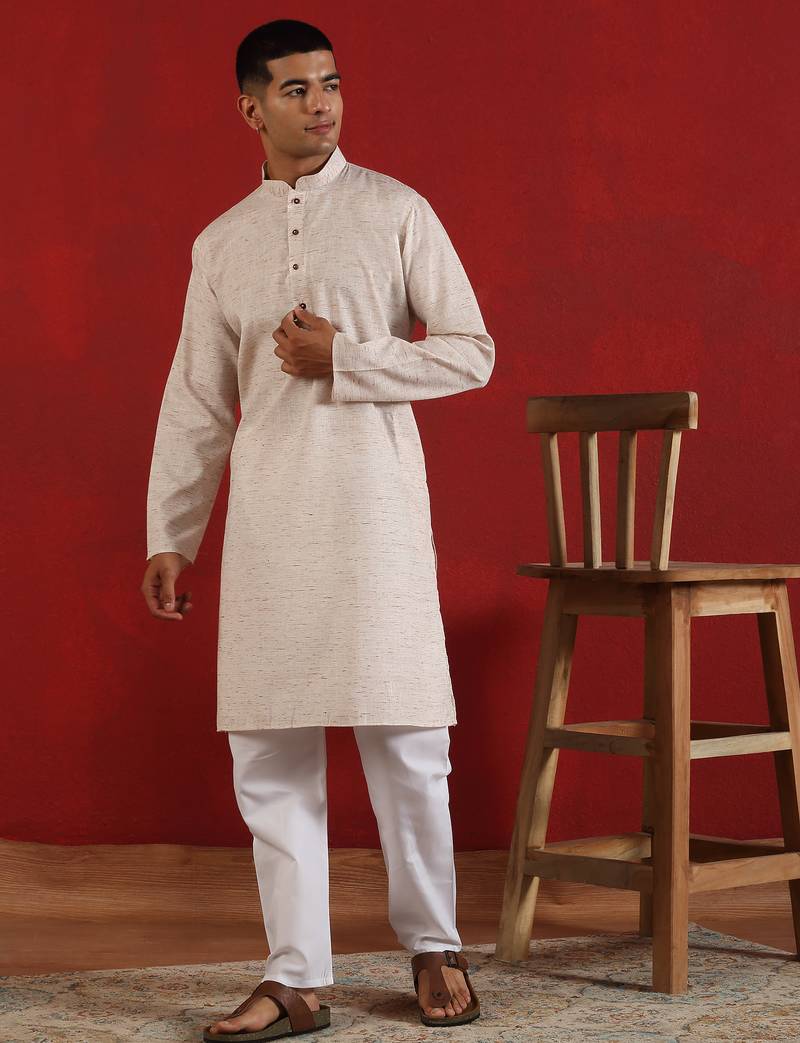 Khadi cotton solid knee length peach kurta and pyjama