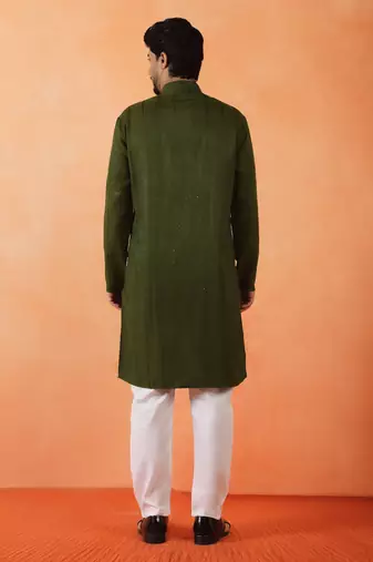 Cotton silk sequenced thread work olive green festive kurta with pyjamas