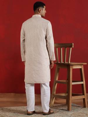 Khadi cotton solid knee length peach kurta and pyjama 3