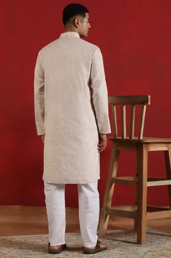 Khadi cotton solid knee length peach kurta and pyjama