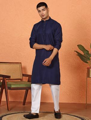 Chikan embroidered cotton rayon navy blue kurta and pyjama 1