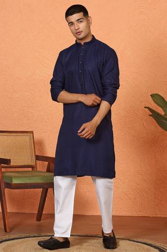 Chikan embroidered cotton rayon navy blue kurta and pyjama