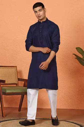 Chikan embroidered cotton rayon navy blue kurta and pyjama