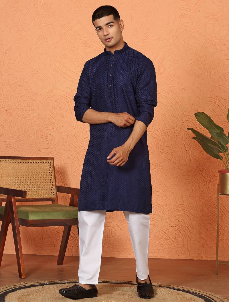 Chikan embroidered cotton rayon navy blue kurta and pyjama