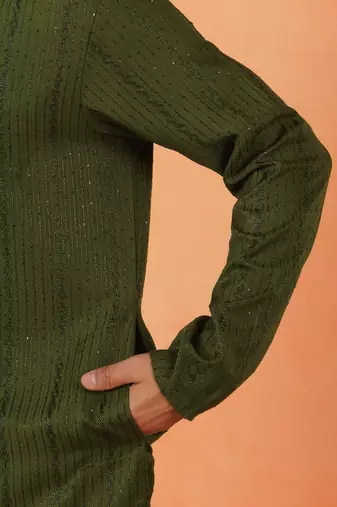 Cotton silk sequenced thread work olive green festive kurta with pyjamas