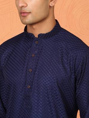 Chikan embroidered cotton rayon navy blue kurta and pyjama 2