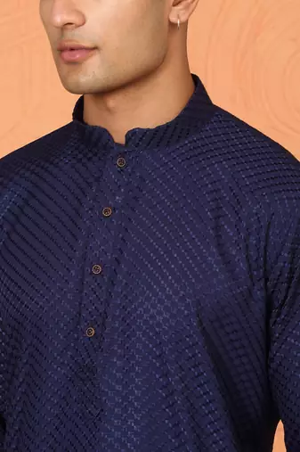 Chikan embroidered cotton rayon navy blue kurta and pyjama