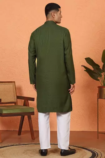 Chikan embroidered cotton rayon green kurta and pyjama