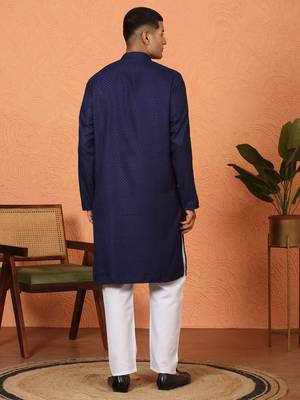 Chikan embroidered cotton rayon navy blue kurta and pyjama 3