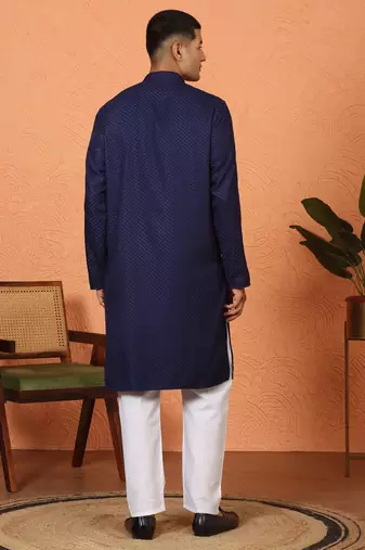 Chikan embroidered cotton rayon navy blue kurta and pyjama