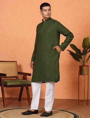 Chikan embroidered cotton rayon green kurta and pyjama 5