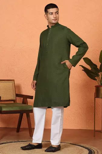 Chikan embroidered cotton rayon green kurta and pyjama