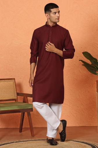 Chikan embroidered cotton rayon maroon kurta and pyjama