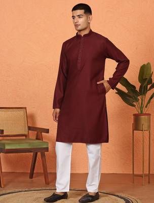 Chikan embroidered cotton rayon maroon kurta and pyjama 5