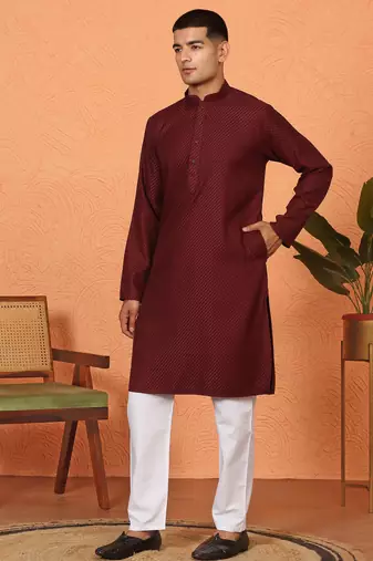 Chikan embroidered cotton rayon maroon kurta and pyjama