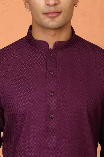 Chikan embroidered cotton rayon purple kurta and pyjama