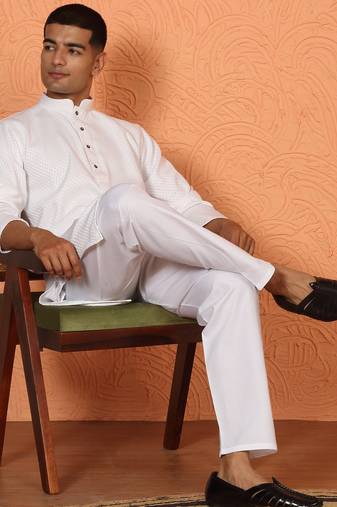 Chikan embroidered cotton rayon white kurta and pyjama