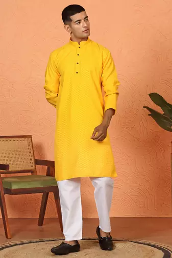 Chikan embroidered cotton rayon yellow kurta and pyjama