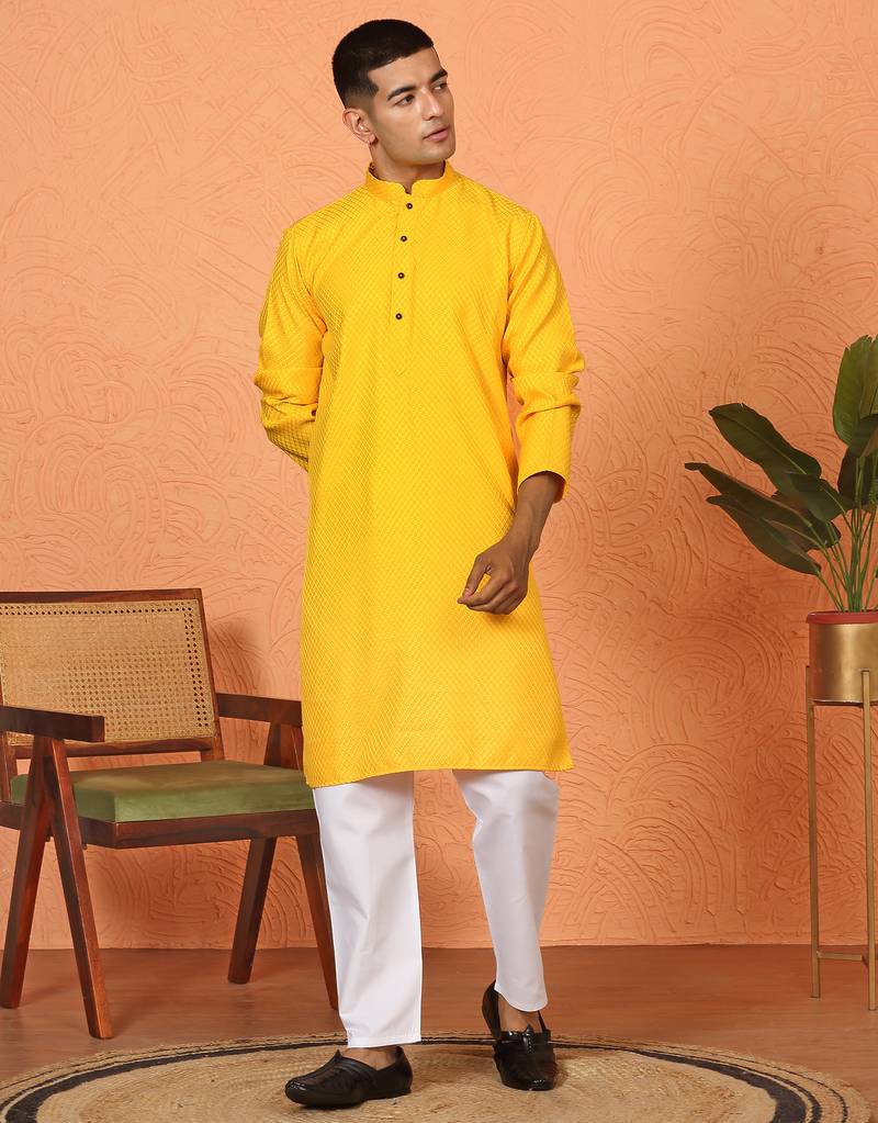 Chikan embroidered cotton rayon yellow kurta and pyjama