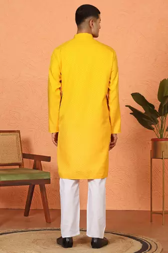 Chikan embroidered cotton rayon yellow kurta and pyjama