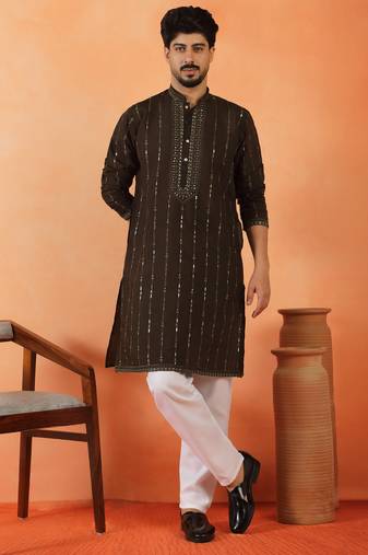 Cotton silk sequenced & embroidered olive green festive kurta with pyjamas