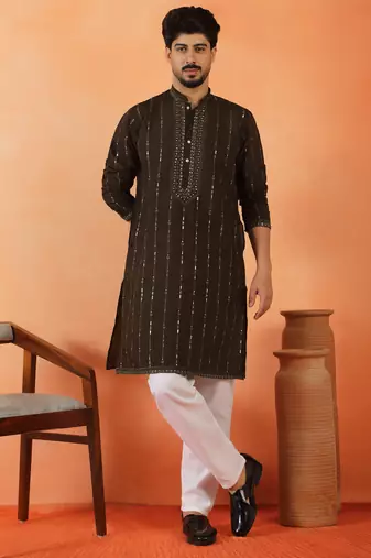 Cotton silk sequenced & embroidered olive green festive kurta with pyjamas