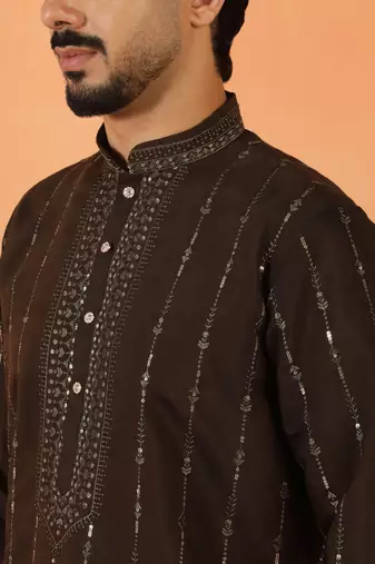 Cotton silk sequenced & embroidered olive green festive kurta with pyjamas