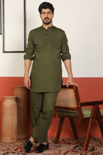 Viscos rayon olive green pathani kurta and pyjamas