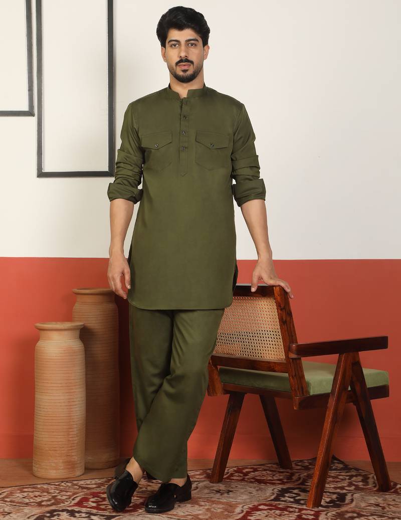 Viscos rayon olive green pathani kurta and pyjamas