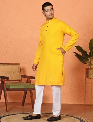 Chikan embroidered cotton rayon yellow kurta and pyjama 5