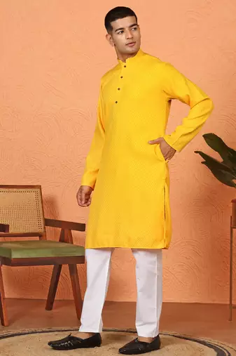 Chikan embroidered cotton rayon yellow kurta and pyjama