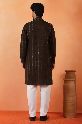 Cotton silk sequenced & embroidered olive green festive kurta with pyjamas