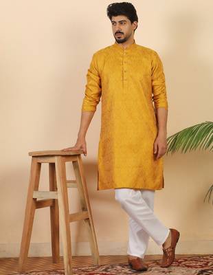 Ethinic motifs jacquard mustard festive kurta with pyjamas 1