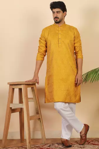 Ethinic motifs jacquard mustard festive kurta with pyjamas