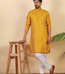 Ethinic motifs jacquard mustard festive kurta with pyjamas