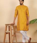 Ethinic motifs jacquard mustard festive kurta with pyjamas