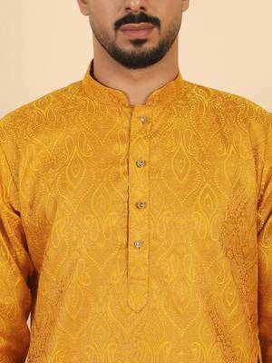 Ethinic motifs jacquard mustard festive kurta with pyjamas 2