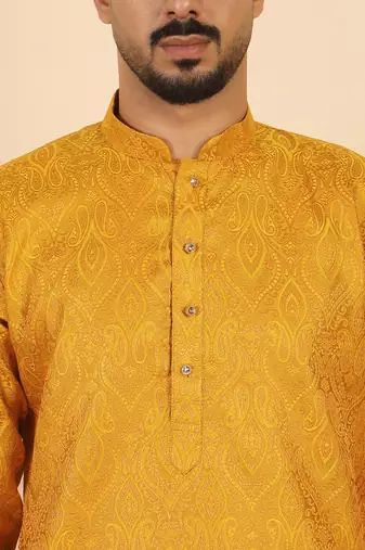 Ethinic motifs jacquard mustard festive kurta with pyjamas