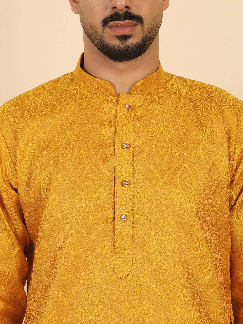 Ethinic motifs jacquard mustard festive kurta with pyjamas