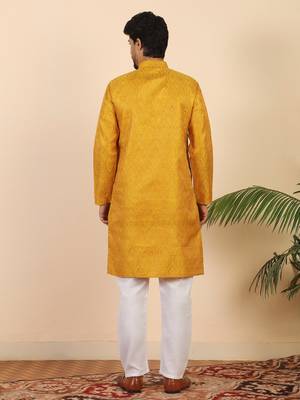 Ethinic motifs jacquard mustard festive kurta with pyjamas 3