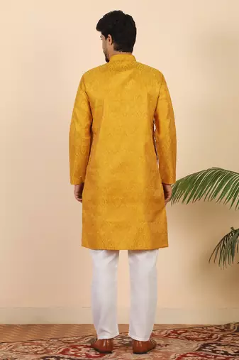 Ethinic motifs jacquard mustard festive kurta with pyjamas