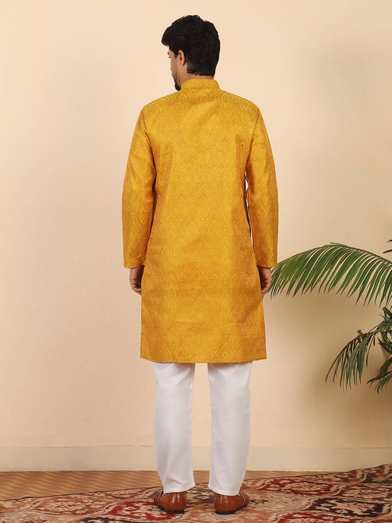 Ethinic motifs jacquard mustard festive kurta with pyjamas