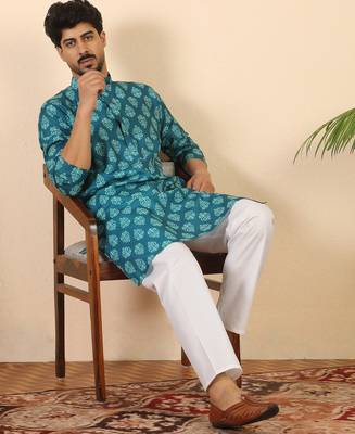 Ethnic motifs jaipuri printed 100% cotton teal blue kurta with pyjamas 1